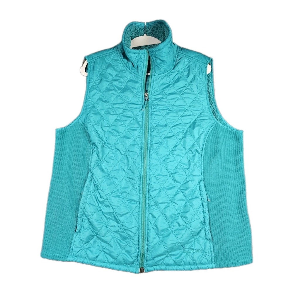 L.L.Bean Womens 1X Quilted Insulated Vest‎ Teal Fleece Lined Full Zip Puffer